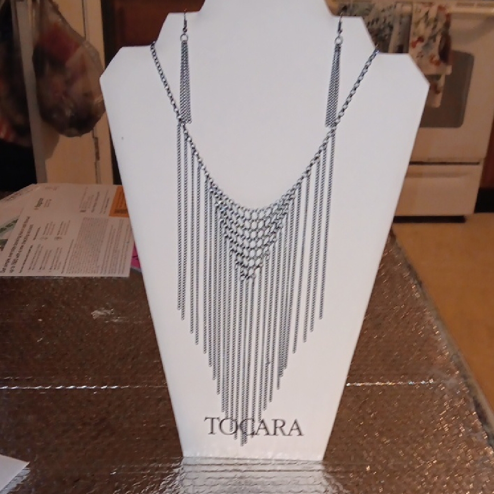 Vintage Ionized Silver Chainmail W Fringe Necklace and Earring Set